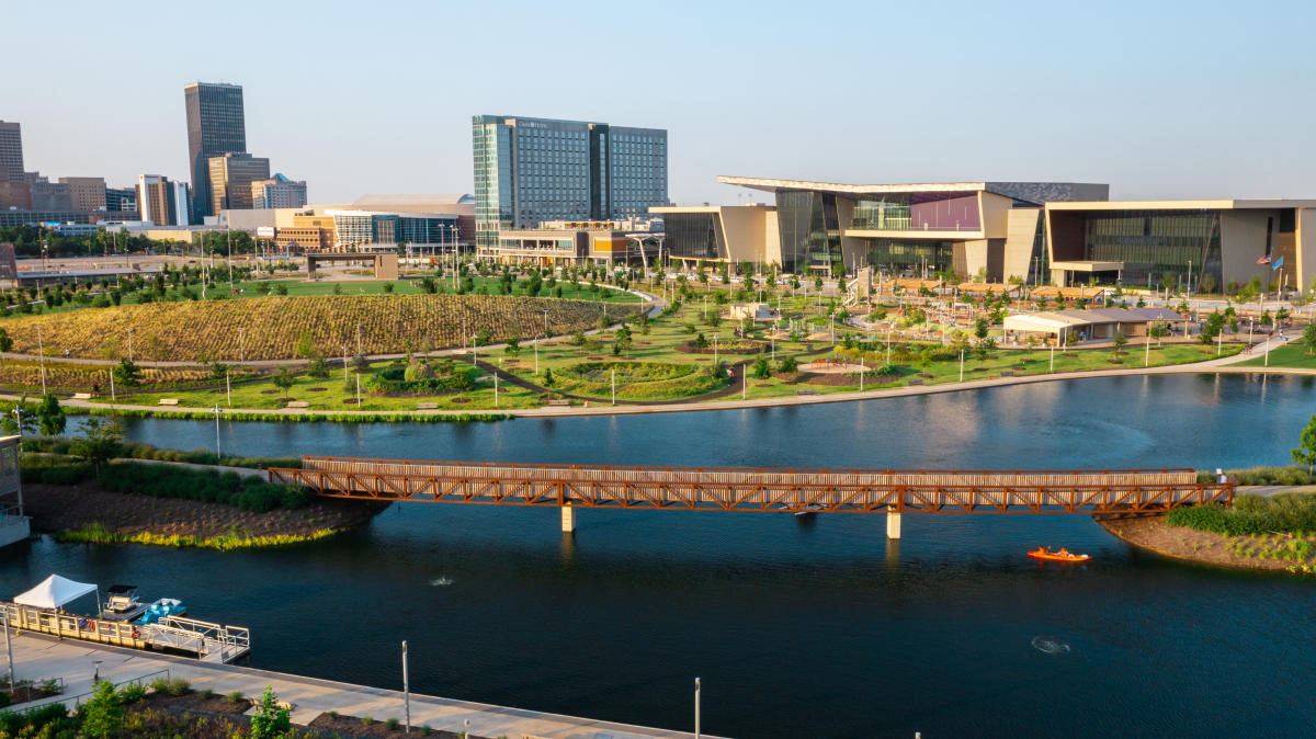 Arial view of Scissortail Park and Oklahoma Convention Center